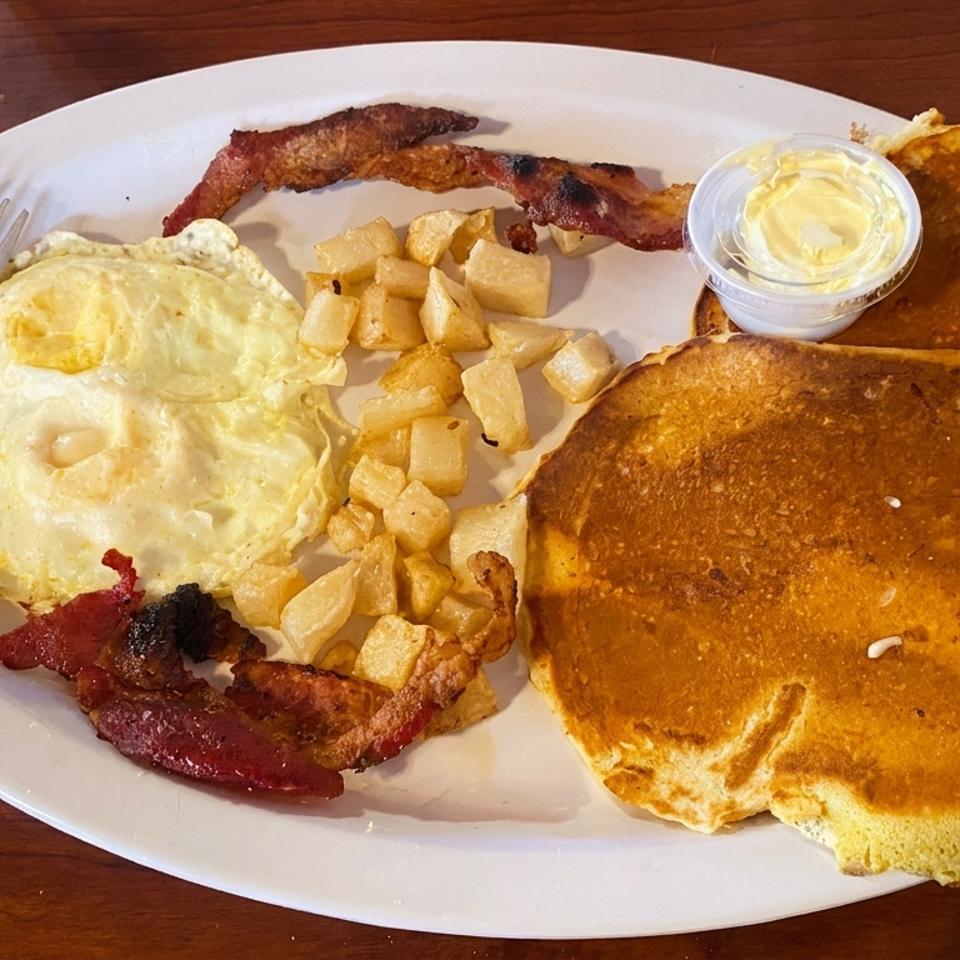 Breakfast platter with pancakes, fried eggs, bacon, diced potatoes, and butter on a white plate.