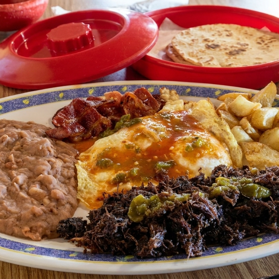 Mexican breakfast platter with refried beans, eggs, bacon, potatoes, shredded beef, and tortillas served on a wooden table.