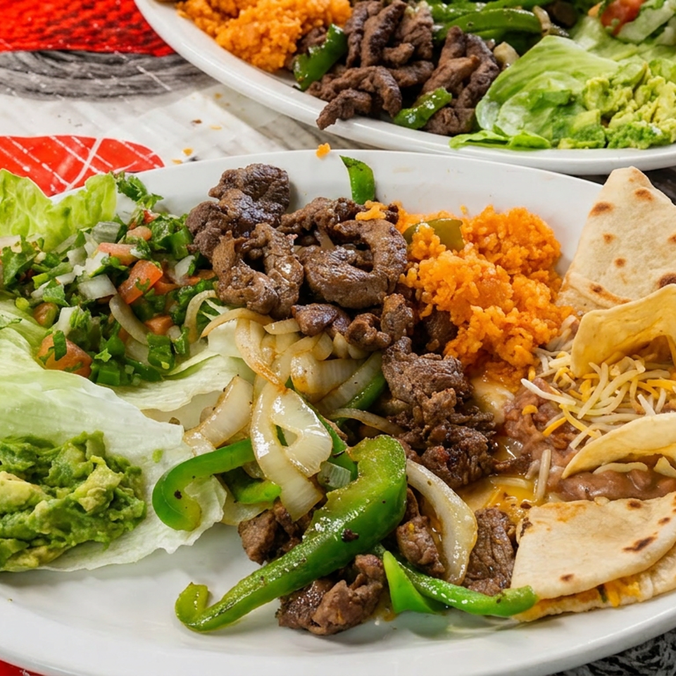 Two plates of Mexican food featuring grilled steak, peppers, onions, rice, beans, guacamole, salad, and tortillas on a colorful tablecloth.