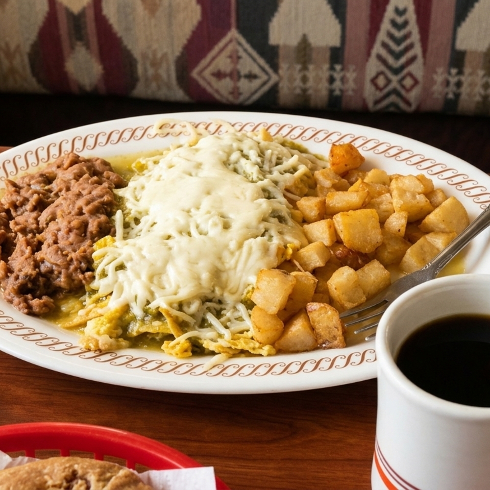 Plated Mexican breakfast with refried beans, cheesy eggs, golden potatoes, and coffee on a wooden table.