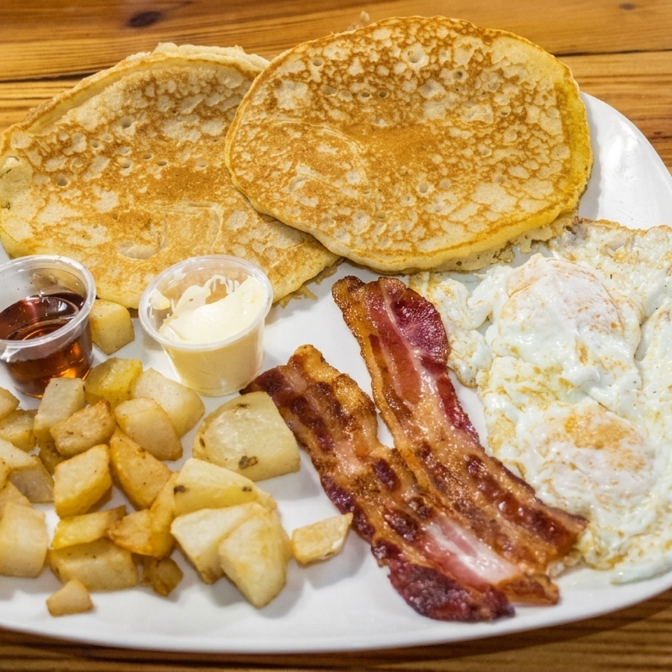 Breakfast platter with pancakes, fried eggs, bacon, roasted potatoes, butter, and syrup on a white plate.