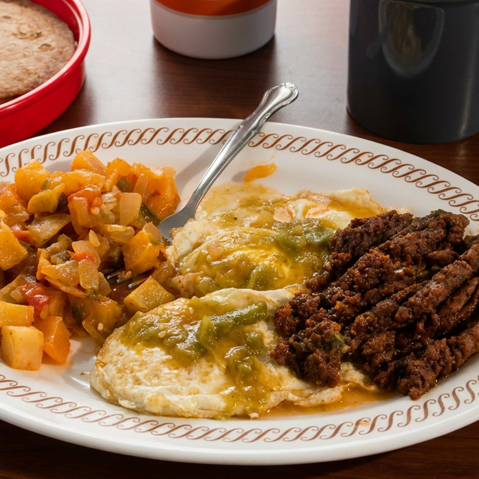 Plate of enchiladas topped with green chile and ground beef, served with roasted vegetables, tortillas, and coffee on a wooden table.